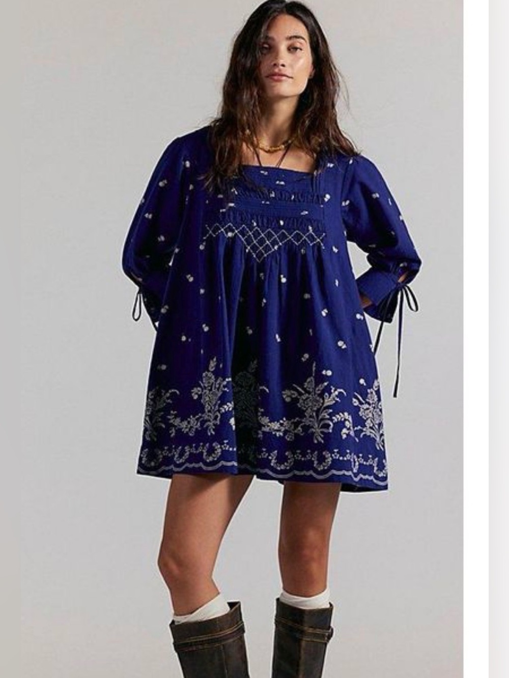 Free People Sonora Printed Mini Dress Navy Blue Medium